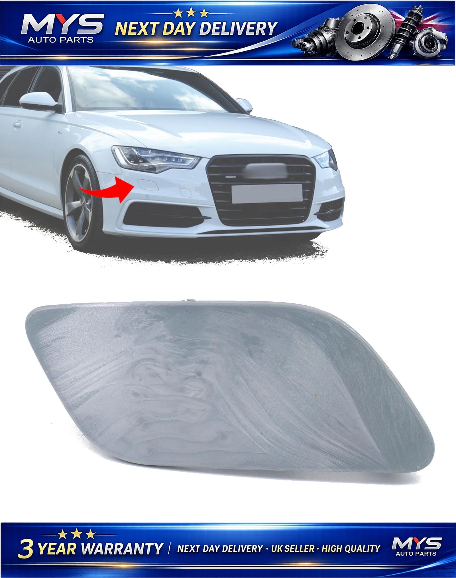 Headlight Washer Cover Cap Primed Right - AUDI A6 C7 2011-2014 - OEM 4G0955276