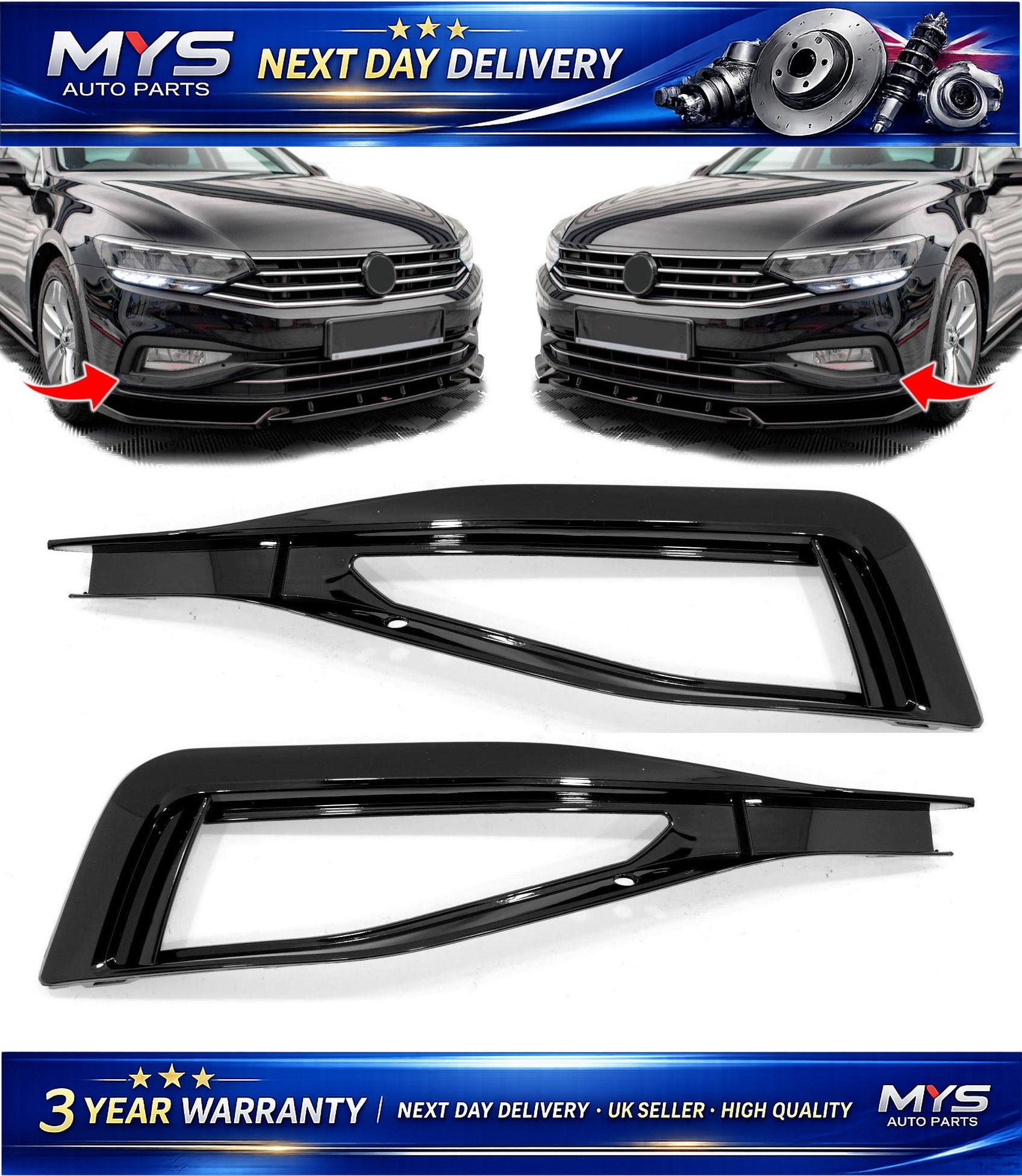 2x Front Bumper Fog Light Grille Left & Right Gloss Black - VW Passat B8 2019-on