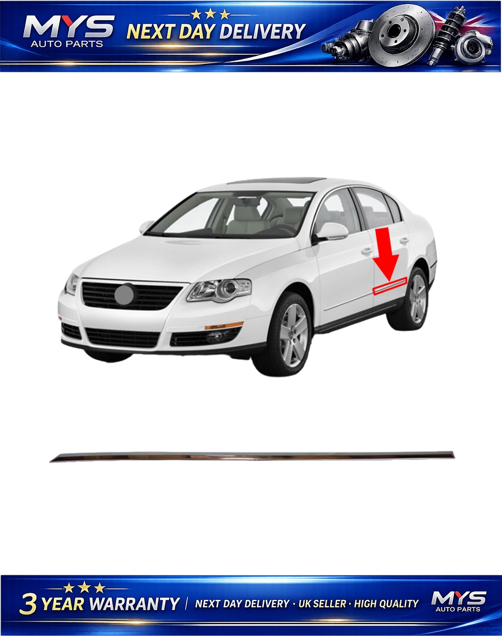 Rear Door Panel Trim Moulding Strap Chrome Left - VOLKSWAGEN Passat (2005-2011 )